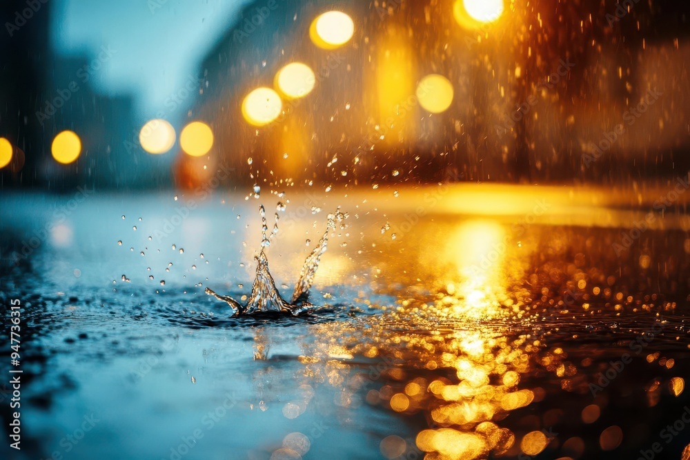 Raindrops splashing in a puddle under a streetlight, with the glow of the light reflecting in the water