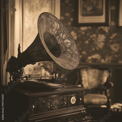 Antique Gramophone Player Emitting Eerie Static with Disembodied Fingers Crawling Along the
