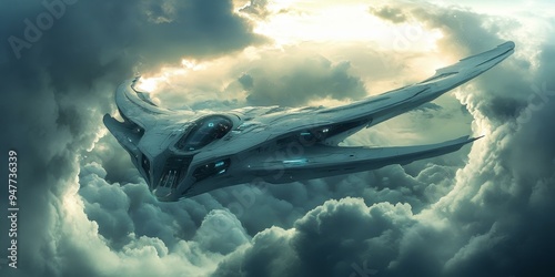 Fototapeta Naklejka Na Ścianę i Meble -  Futuristic spaceship flying through clouds.