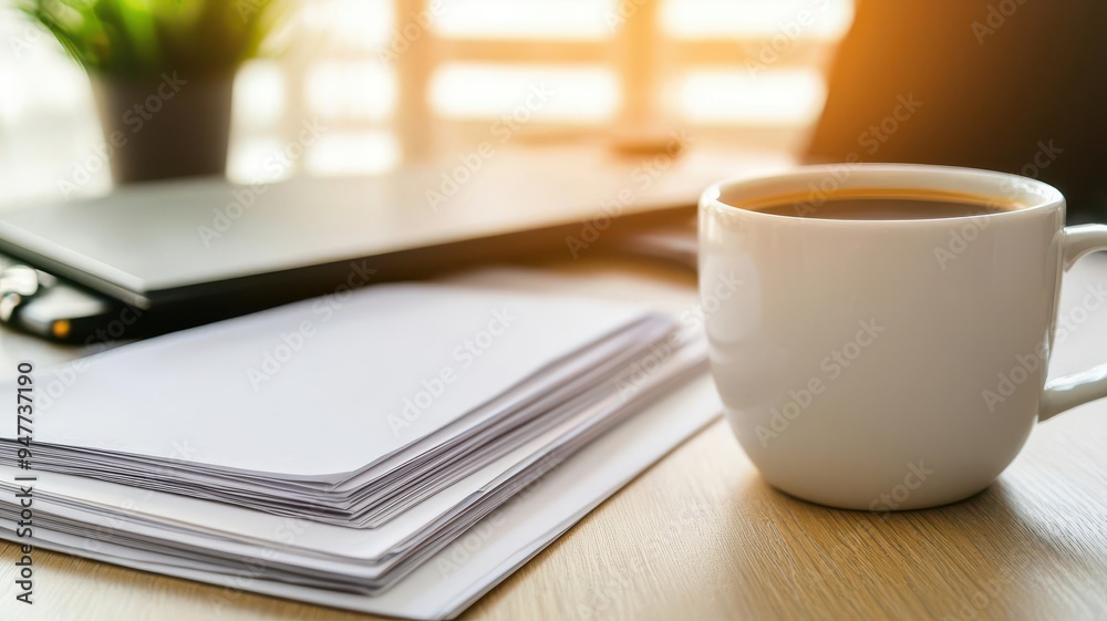 Office desk, coffee cup, documents close up, focus on, copy space Warm and organized colors Double exposure silhouette with working Office desk, coffee cup, documents close up, focus on, copy space Warm and organized colors Double exposure silhouette with working