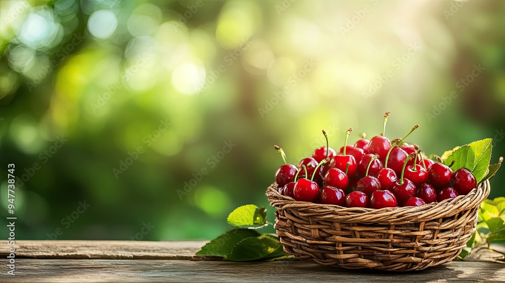 Fresh red cherries in a rustic basket on a wooden table, with greenery blurred in the background.