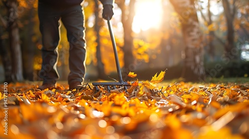 An individual raking leaves in the park with an autumn leaf spear photo