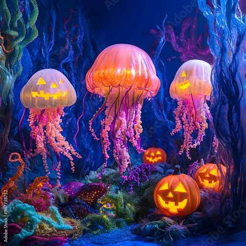 Whimsical Underwater Halloween Party with Pumpkin Jellyfish and Costumed Sea Creatures