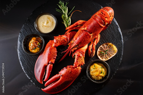 Grilled and Roasted Seafood Lobster Served on a Black Plate