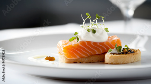 Modern Appetizer A sleek, minimalist presentation of smoked salmon served on a white plate with a side of crostini, a dollop of crème fraîche photo