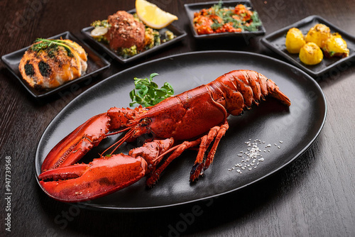 Grilled and Roasted Seafood Lobster Served on a Black Plate