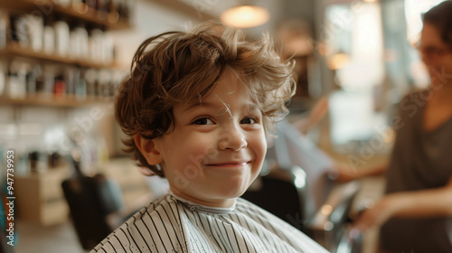 Young boy smiling in a barbershop during a haircut session in the afternoon light with playful atmosphere and attentive stylist nearby
