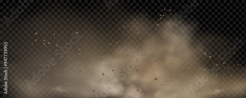 Vector background of a sand explosion with dirt and cloud smoke. Brown sandstorm splash and  dirty ground with a textured wind effect.Yellow flying particles and stone.