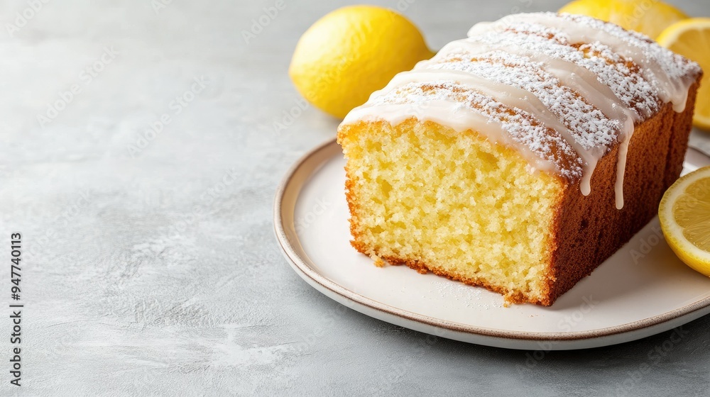 Freshly baked lemon loaf cake with sugar icing on a clean white plate, set on a stone surface with ample copy space. Freshly baked lemon loaf cake with sugar icing on a clean white plate, set on a stone surface with ample copy space.