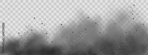 Vector background of a sand explosion with dirt and cloud smoke. Brown sandstorm splash and  dirty ground with a textured wind effect.Yellow flying particles and stone.