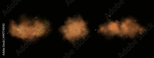 Vector background of a sand explosion with dirt and cloud smoke. Brown sandstorm splash and  dirty ground with a textured wind effect.Yellow flying particles and stone.