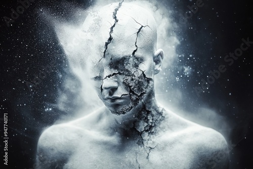 Disintegrating figure releasing into surrounding space