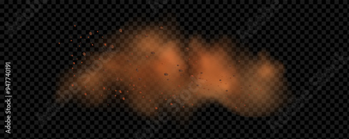 Vector background of a sand explosion with dirt and cloud smoke. Brown sandstorm splash and  dirty ground with a textured wind effect.Yellow flying particles and stone.