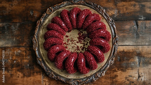 Freshly baked red velvet cromboloni arranged in a circle on a decorative tray, with a generous sprinkling of red biscuit crumbs, on a wooden table photo