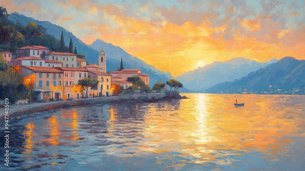A serene coastal town at dawn, houses painted in bright hues, soft golden light reflecting on the water, in a detailed oil painting style A serene coastal town at dawn, houses painted in bright hues, soft golden light reflecting on the water, in a detailed oil painting style