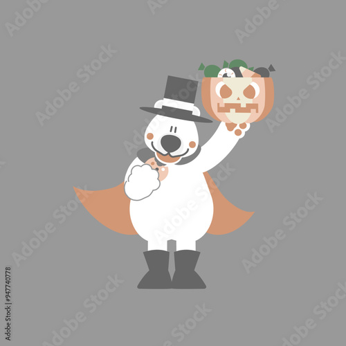happy halloween holiday festival with polar bear, cookie, candy and pumpkin, flat vector illustration cartoon character design