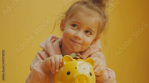 A young child joyfully plays with a yellow piggy bank in a bright room filled with warm colors during a sunny afternoon photo