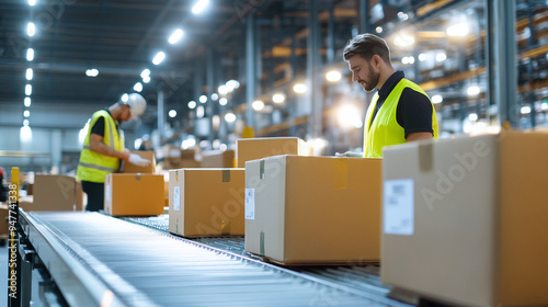 workers in safety vests efficiently packing and labeling boxes on a modern assembly line in a brightly lit warehouse