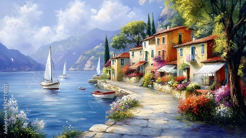 Serene coastal village scene, vibrant houses lining the shore, soft watercolor hues, blooming gardens, and boats gently swaying in the tranquil harbor photo