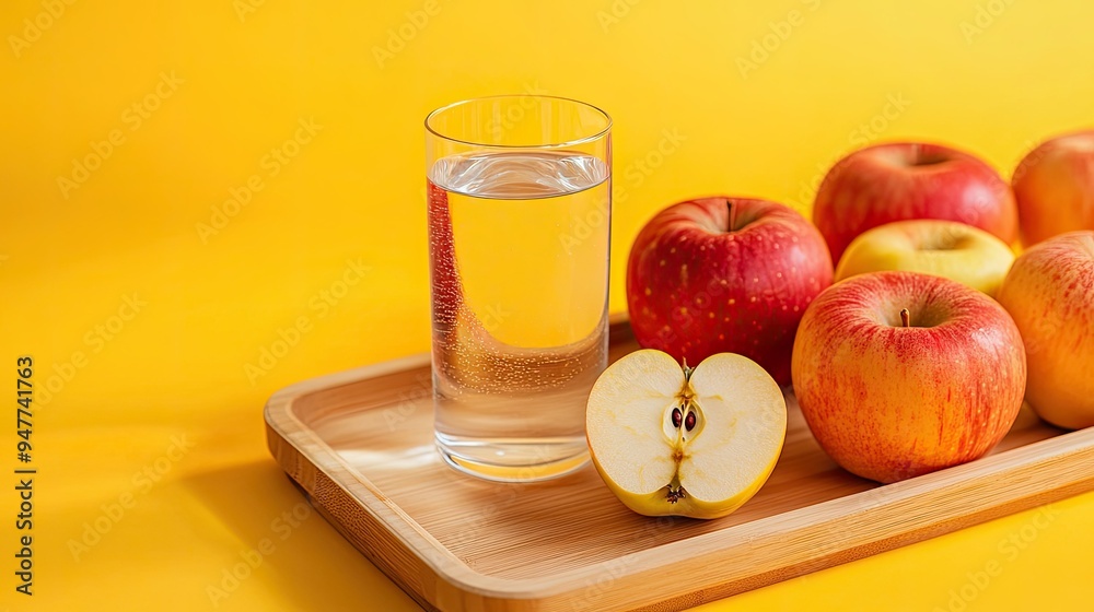 Front view of a wooden tray on carefully arranged apple halves, highlighting a glass of detox water on a yellow background. Apples rich in vitamin C complete the scene. Front view of a wooden tray on carefully arranged apple halves, highlighting a glass of detox water on a yellow background. Apples rich in vitamin C complete the scene.