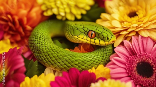 Green wooden snake coiled a...