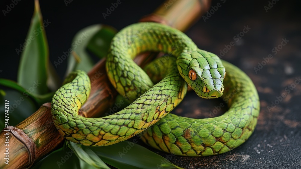 Fototapeta premium Serpent wrapped around bamboo, blending into greenery.