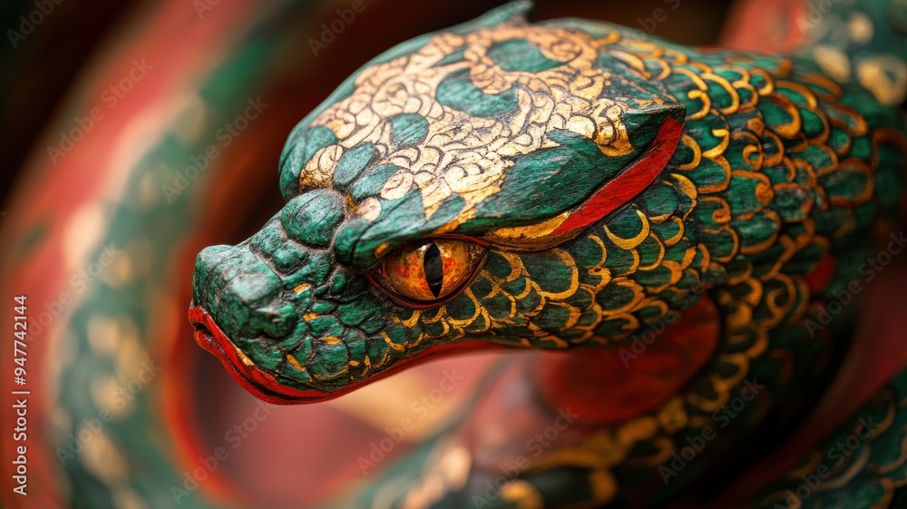 Decorative green wooden snake with detailed scales, marking the 2025 Chinese New Year. Decorative green wooden snake with detailed scales, marking the 2025 Chinese New Year.