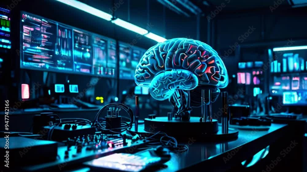 A futuristic, glowing 3D model of a human brain sits on a table in a high-tech office, with glowing blue monitors in the background. A futuristic, glowing 3D model of a human brain sits on a table in a high-tech office, with glowing blue monitors in the background.