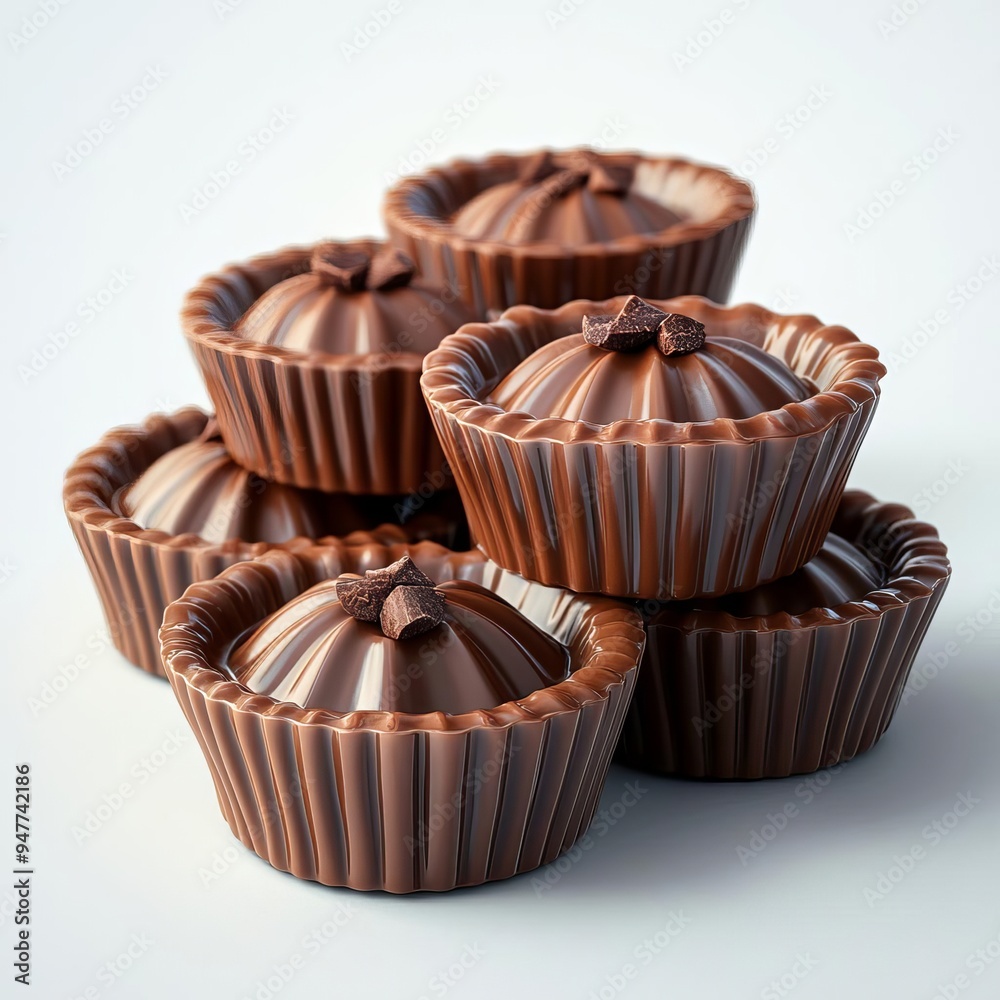 A stack of six gourmet chocolate truffles with a smooth, rich texture.