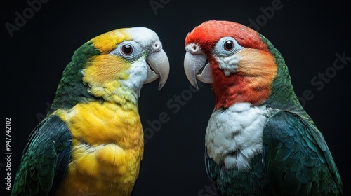 Two parrots facing each other