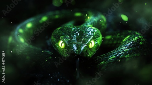 Mystical green wooden snake with glowing eyes, creating a sense of mystery. photo