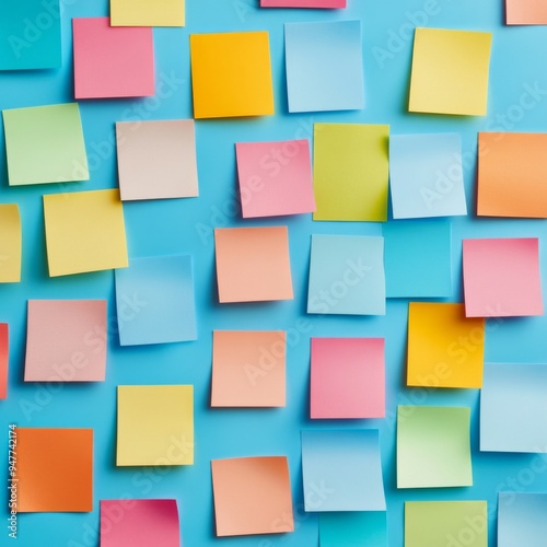 An artistic and colorful collection of sticky notes, arranged on a bright and vibrant background