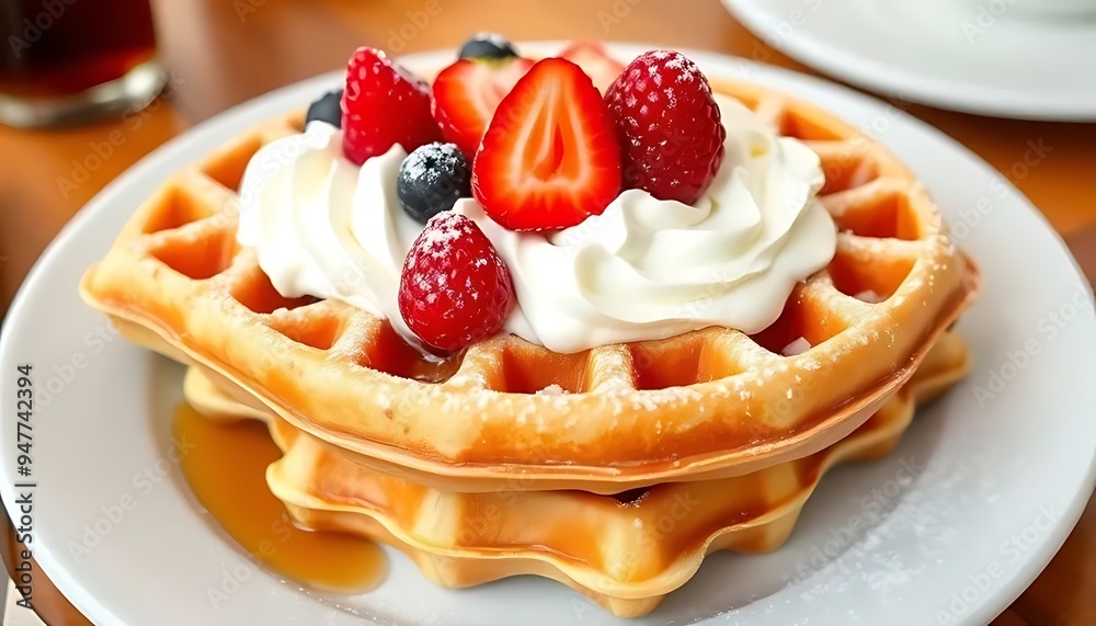 Delicious Waffles with Whipped Cream Berries and Syrup Delicious Waffles with Whipped Cream Berries and Syrup