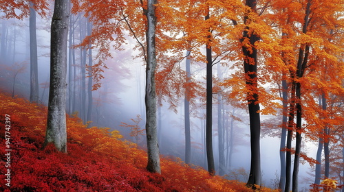 A misty autumn forest scene. A quiet and mysterious autumn forest with lush red maple trees. Autumn Scenery. photo