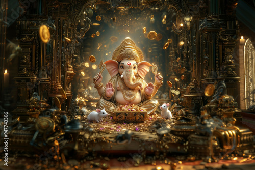 Lord Ganesha the God of Wealth, with golden treasure and a pile of money and two mouse, luxury elements