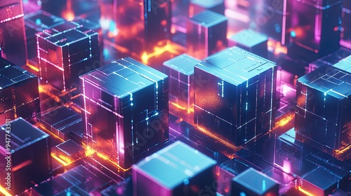 Futuristic business landscape with 3D-rendered isometric cubes, reflecting innovation and advanced technology.