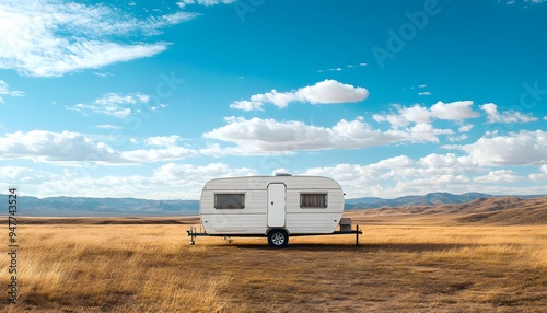 A vintage trailer parked in the desert, surrounded by golden grass and vast landscapes under a blue sky with white clouds.