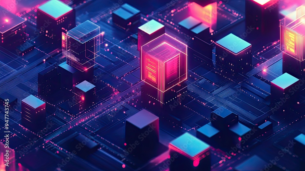 Futuristic business technology scene with isometric 3D cubes, showcasing innovation in an abstract digital landscape. Futuristic business technology scene with isometric 3D cubes, showcasing innovation in an abstract digital landscape.
