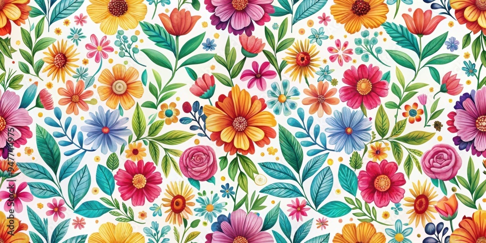 Seamless pattern with vibrant flowers and leaves on a white background, floral, seamless, pattern, vibrant, flowers Seamless pattern with vibrant flowers and leaves on a white background, floral, seamless, pattern, vibrant, flowers