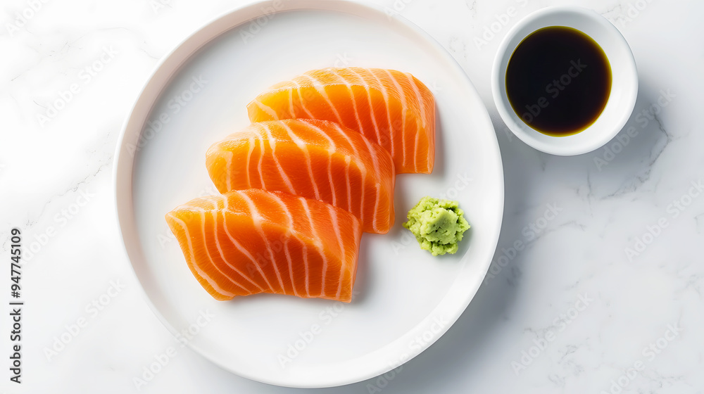 Modern Minimalism A sleek, minimalist plate featuring three slices of fresh salmon sashimi, perfectly aligned, with a small dish of soy sauce and a single wasabi dollop Modern Minimalism A sleek, minimalist plate featuring three slices of fresh salmon sashimi, perfectly aligned, with a small dish of soy sauce and a single wasabi dollop