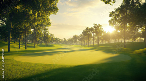 The beautiful golf course with morning sunshine.