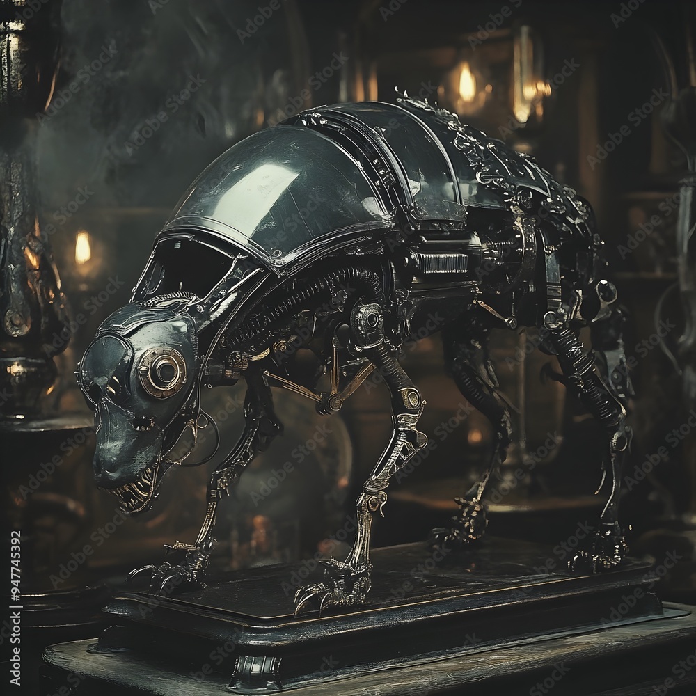 Fototapeta premium Eerie Steampunk Mechanical Animal Specimen Ghastly Hybrid Creature with Dark Fantasy Elements