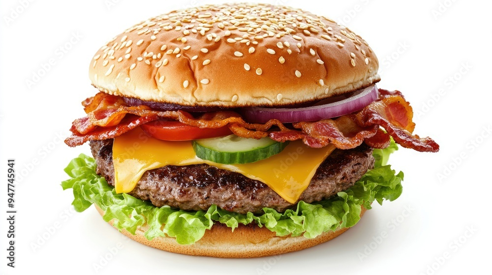 Gourmet burger with layers of cheese, bacon, onion, cucumbers, tomatoes, and lettuce, isolated on a white background. Gourmet burger with layers of cheese, bacon, onion, cucumbers, tomatoes, and lettuce, isolated on a white background.