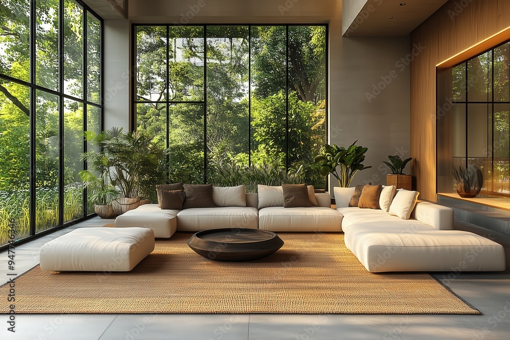 Modern interior with renewable materials, open floor plan, sleek furniture, large windows, natural light, neutral tones, sustainable design, high-end finishes, 3D render, photorealistic, No logo, No Modern interior with renewable materials, open floor plan, sleek furniture, large windows, natural light, neutral tones, sustainable design, high-end finishes, 3D render, photorealistic, No logo, No