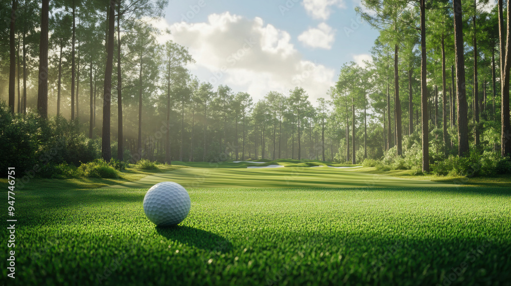 Fototapeta premium The golf ball is on a green lawn in a beautiful golf course with morning sunshine.