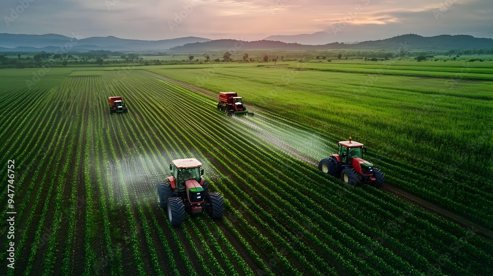 A photograph showcasing smart farm machinery with IoT Internet of Things operating harmoniously across a vast agricultural field demonstrating the advancements in modern efficient A photograph showcasing smart farm machinery with IoT Internet of Things operating harmoniously across a vast agricultural field demonstrating the advancements in modern efficient