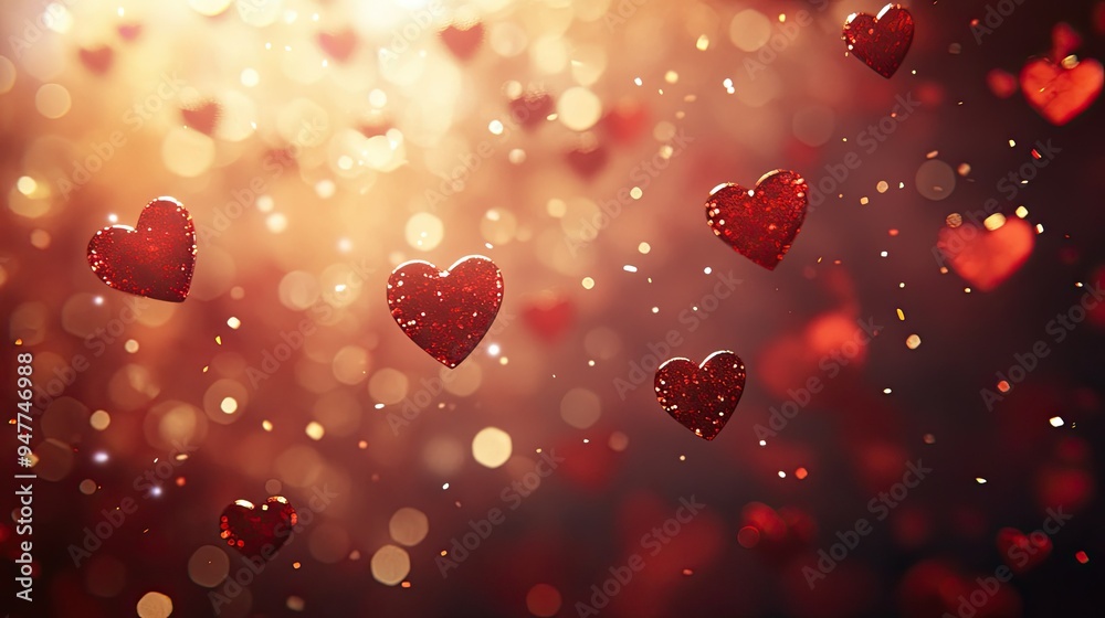 Obraz premium Heart-themed Valentine's Day background with romantic red tones and a scattering of hearts, perfect for love-filled designs.