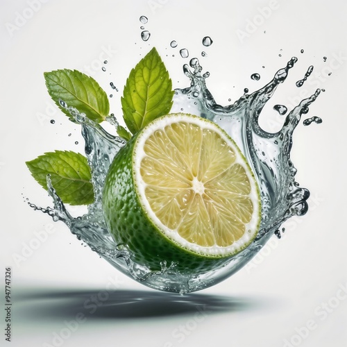 A dynamic splash of water forms the shape of a glass with floating lime and mint. Refreshing visual concept of summer lemonade, beverages, healthy lifestyle concept