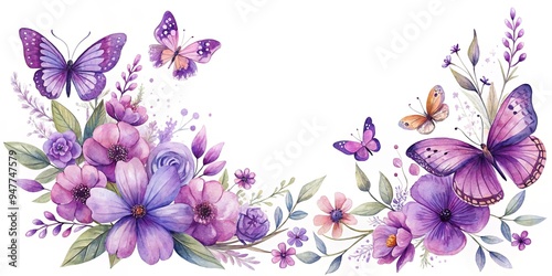 Fototapeta Naklejka Na Ścianę i Meble -  Watercolor painting of purple butterflies and flowers in a whimsical arrangement