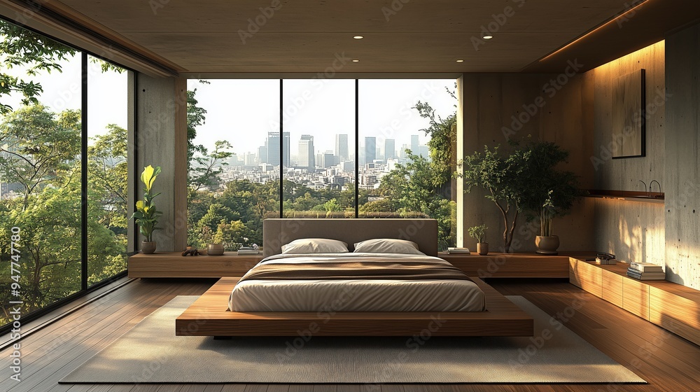 Minimalist premium bedroom, sleek design, high-end materials, large windows, soft natural light, neutral palette, modern furniture, sustainable luxury, photorealistic, serene atmosphere, No logo, No Minimalist premium bedroom, sleek design, high-end materials, large windows, soft natural light, neutral palette, modern furniture, sustainable luxury, photorealistic, serene atmosphere, No logo, No